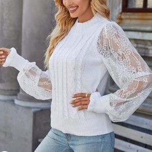 New Mock Neck Cable Knit Lace Sleeves Pullover Sweater